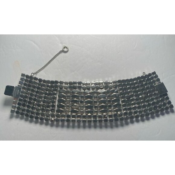 Vintage Weiss Rhinestone Bracelet Wide Silver-Tone 7" With Safety Chain Elegant - Picture 5 of 5
